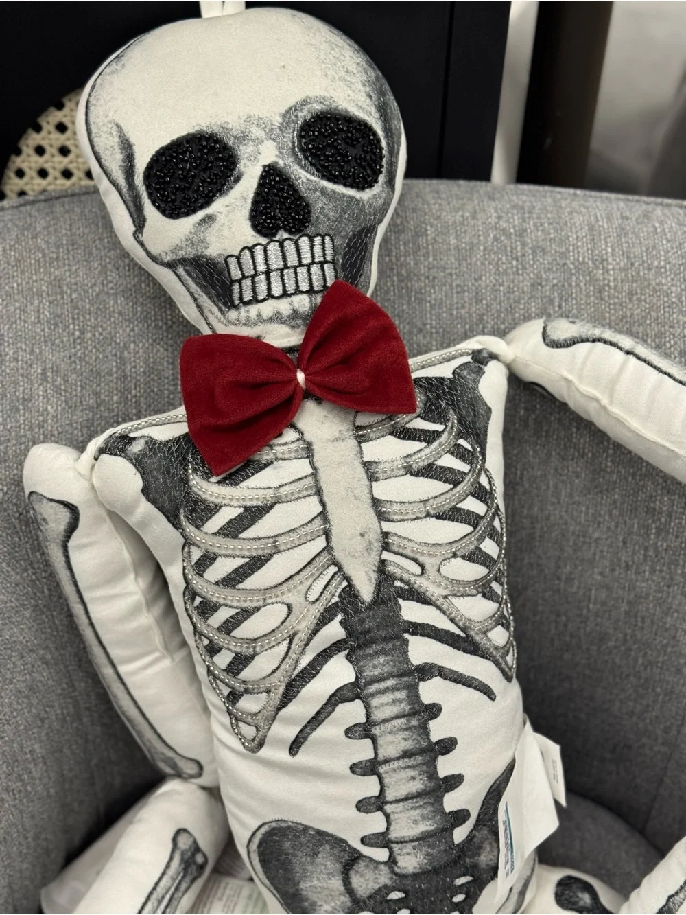 Skeleton Decorative Pillow with Red Bow - Home Accents